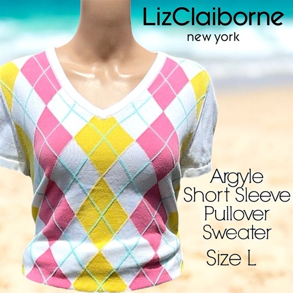 Liz Claiborne Argyle Short Sleeve Pullover V-Neck Sweater - Picture 16 of 16